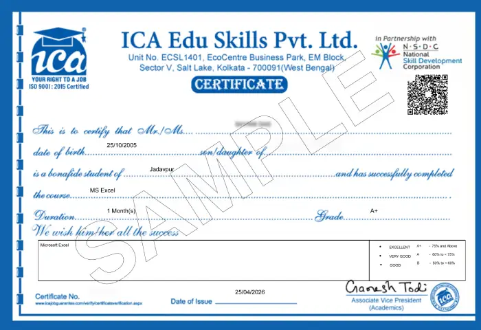 Advanced Excel Course certificate issued by ICA Edu Skills and NSDC