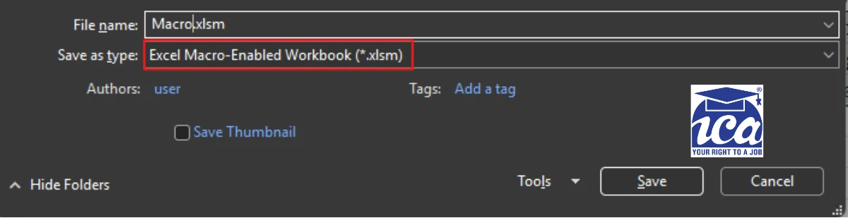 Press F12 key or Click on save button to open Save as dialog box. Choose Save as type as Excel Macro-Enabled Workbook